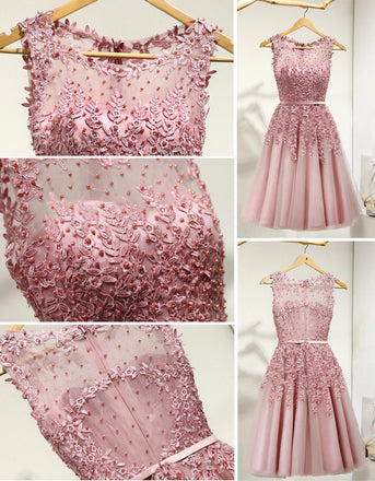 Lovely Junior Round Neckline Sleeveless Lace Appliques Sweetheart Keyhole Back Homecoming Dresses, BD00158