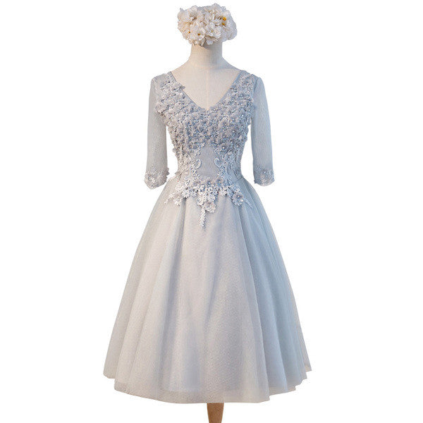 Light Grey Elegant Three-quarter Illusion Sleeve Appliques Beads V-neck  Lace Up Back  Tea-Length Homecoming Dress,BD0119