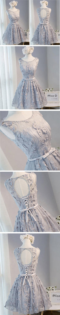 Vintage Light Grey Clairvoyant Outfit Sleeveless Appliques Keyhole Lace Up Back Bow Sash Homecoming Dress,BD0122