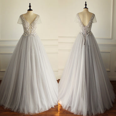 Gorgeous Beading Appliques Unique Gray Tulle A-line Short Sleeve Lace Up Back Wedding Dress,DB093