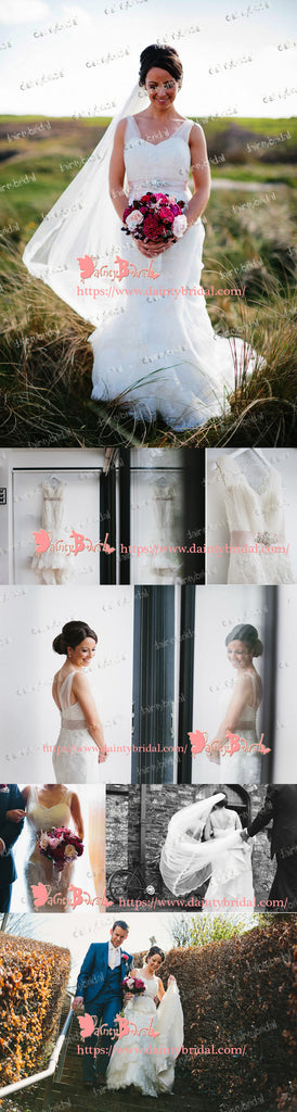 Gorgeous Lace Tiered Skirts Sleeveless Sweetheart Neck V-back Mermaid Wedding Dresses,DB0104