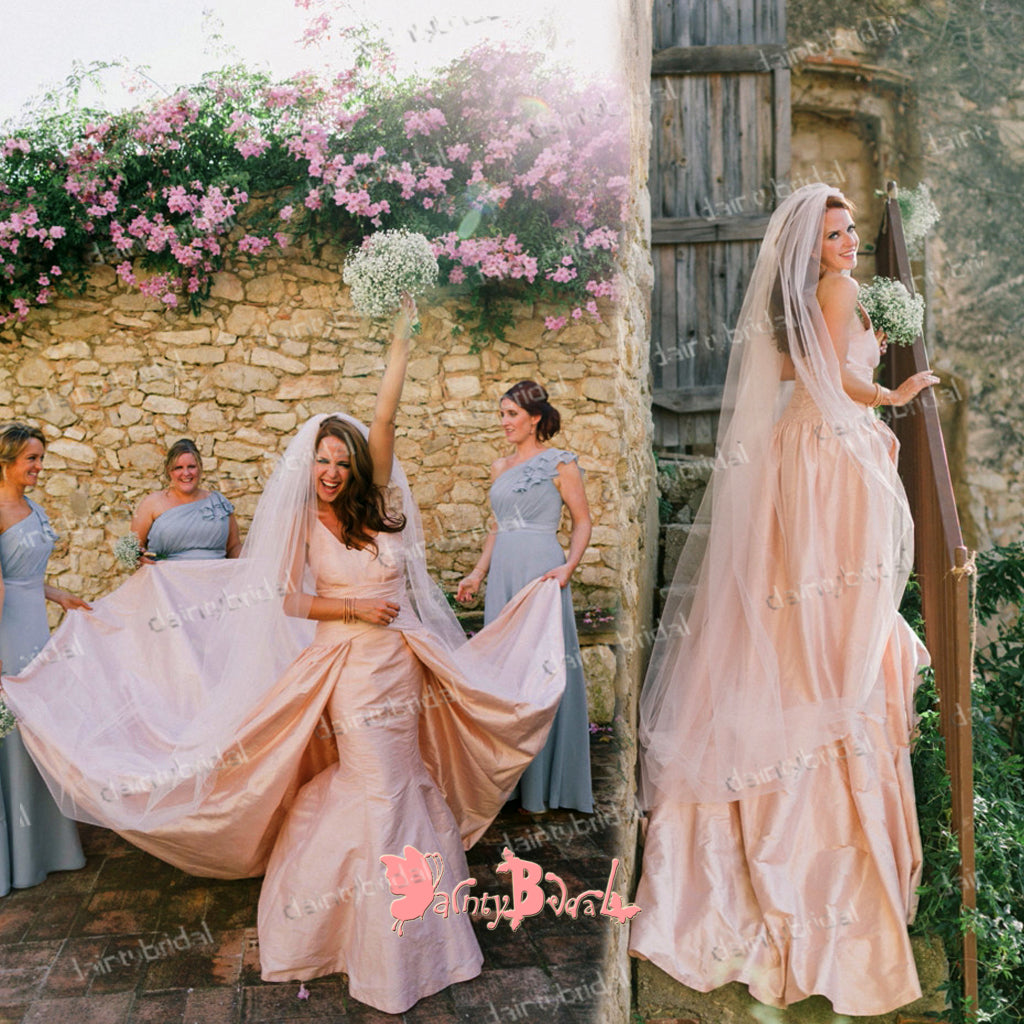 Simple Charming Blush Pink Satin Spaghetti Strap Mermaid  Detachable Skirt Wedding Dresses,DB0107