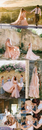 Simple Charming Blush Pink Satin Spaghetti Strap Mermaid  Detachable Skirt Wedding Dresses,DB0107