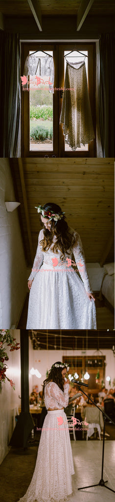 Fashion Country Two Pieces Long Sleeve A-line See-through White  Lace  Wedding Dresses,DB0109