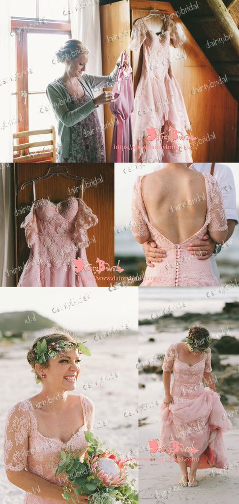 Charming Light Pink Lace Half Sleeve Queen Anne Neck Backless With Button Wedding Dresses,DB0112