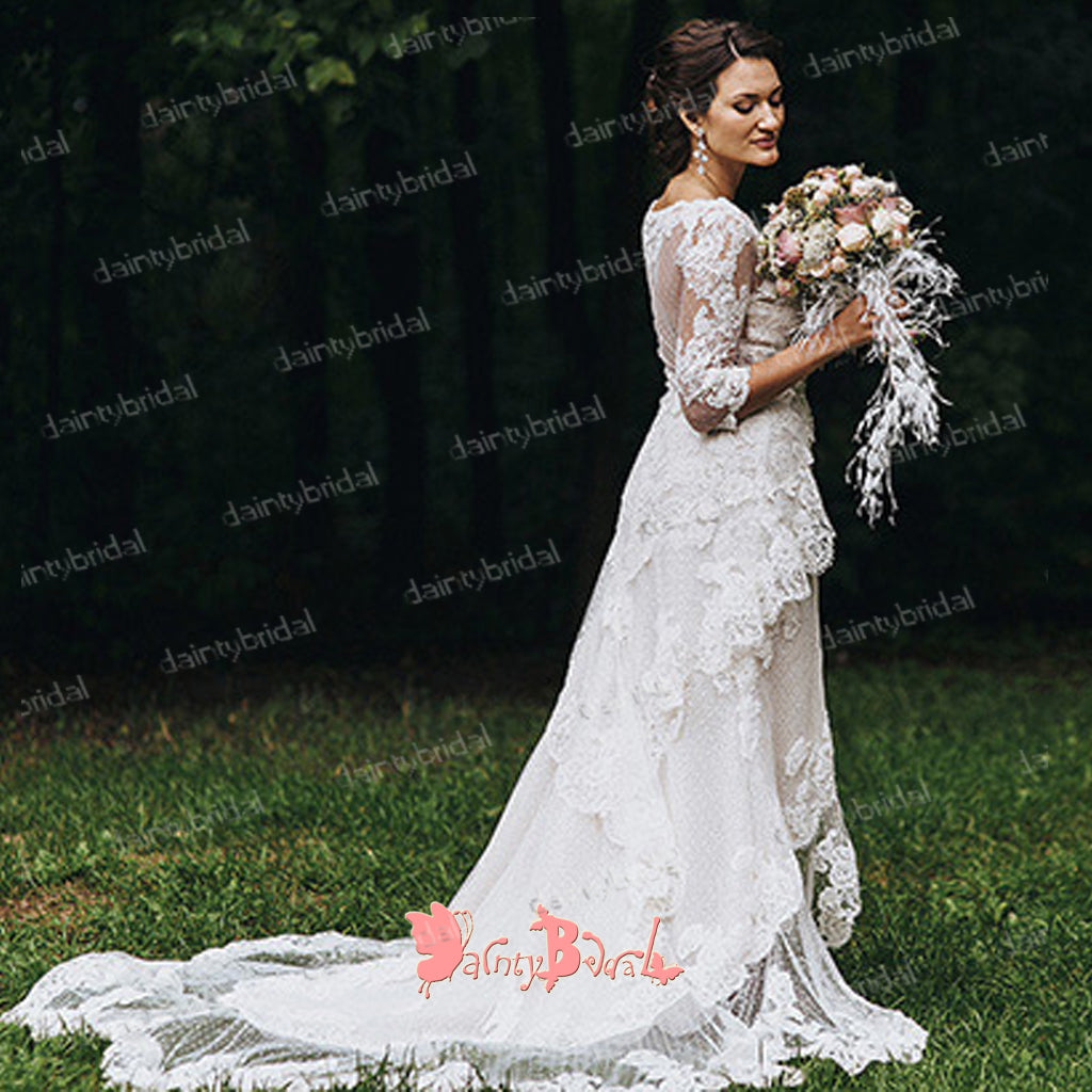 Unique High Low Off White Lace Half Sleeve See-through Back Charming  Wedding Dresses,DB0115