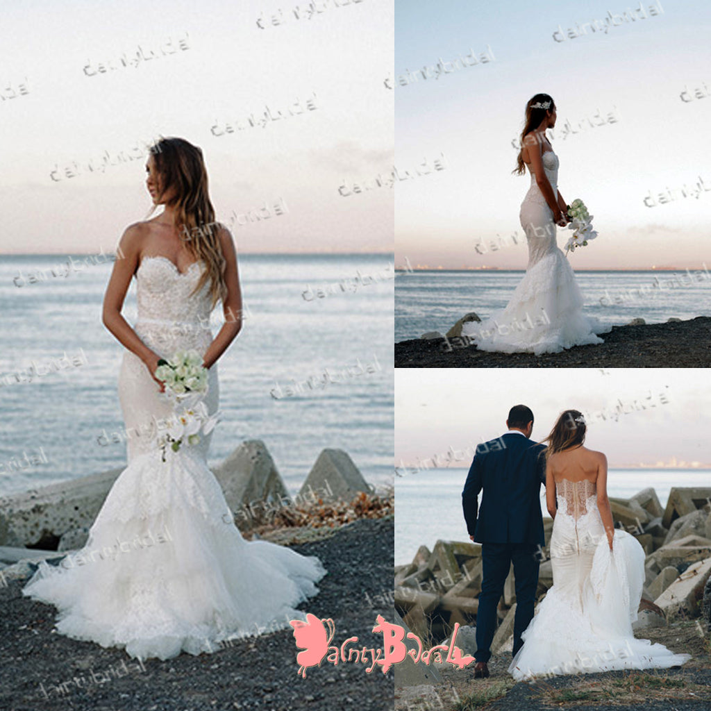 Newest Sexy Elegant  Lace Sweetheart Strapless See-through Back Mermaid Wedding Dresses,DB0116