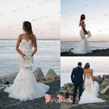 Newest Sexy Elegant  Lace Sweetheart Strapless See-through Back Mermaid Wedding Dresses,DB0116