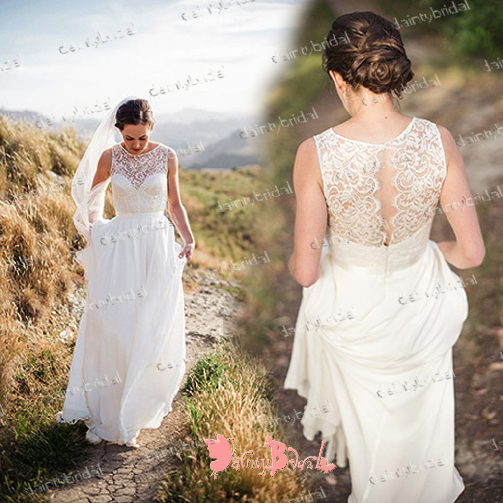 Popular Simple Round Neck Sleeveless Open Back Lace Top Chiffon A-line Wedding Dresses,DB0117