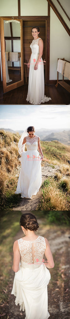 Popular Simple Round Neck Sleeveless Open Back Lace Top Chiffon A-line Wedding Dresses,DB0117