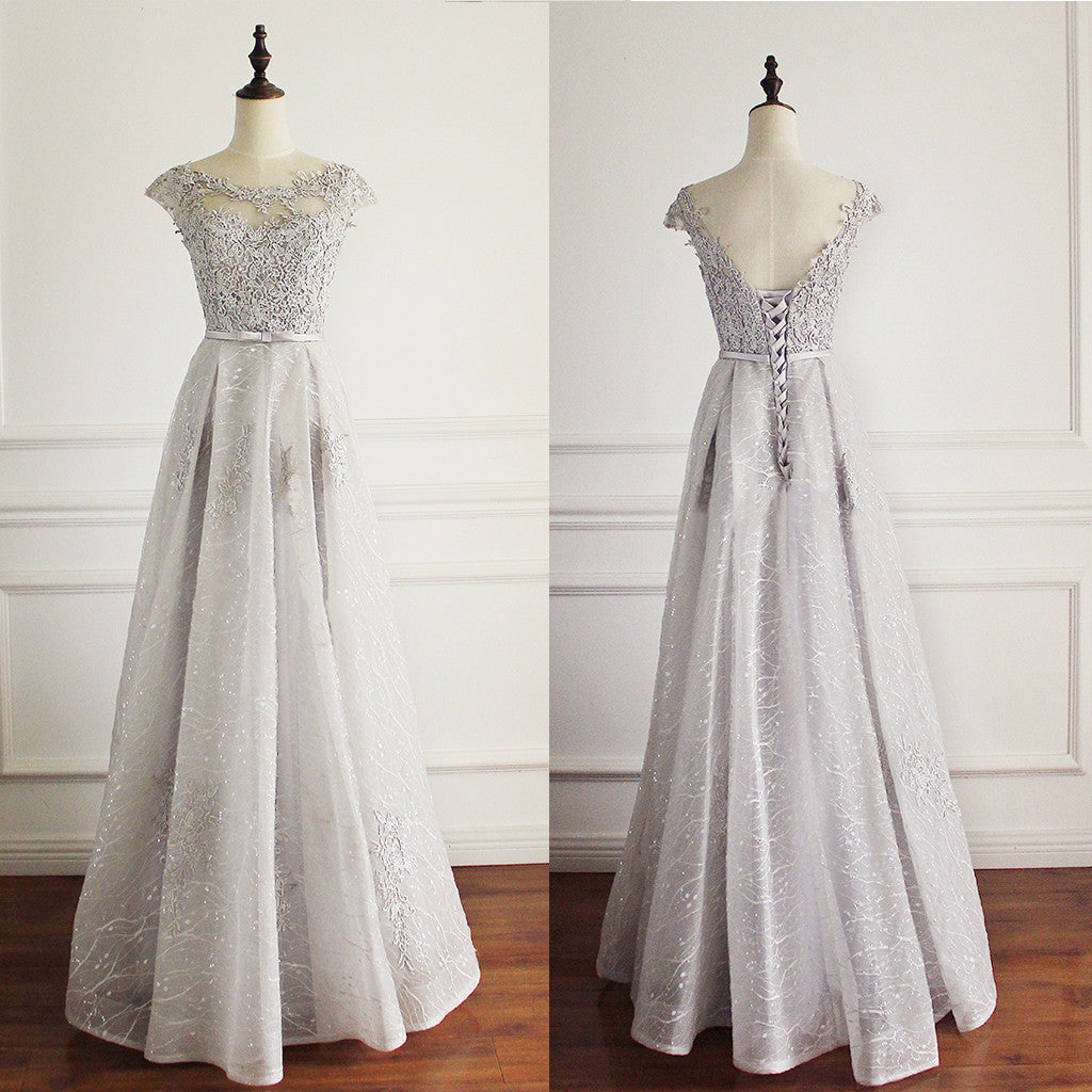 Elegant Light Grey Cap Sleeve Lac Prints Organza Appliques  A-line Lace Up Back Floor Length Bridesmaid Dresses, WG52