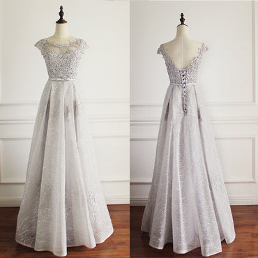 Elegant Light Grey Cap Sleeve Lac Prints Organza Appliques  A-line Lace Up Back Floor Length Bridesmaid Dresses, WG52