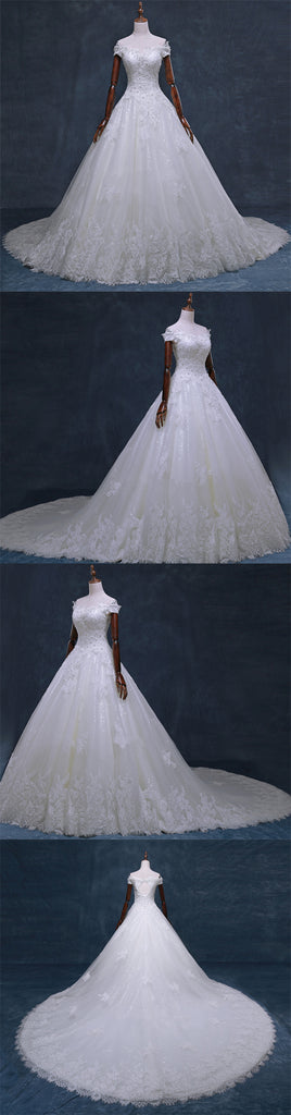 Gorgeous Off Shoulder Short Sleeve Lace Appliques Beading Sparkly Ball Gown Cathedral Train Wedding Dress,DB091
