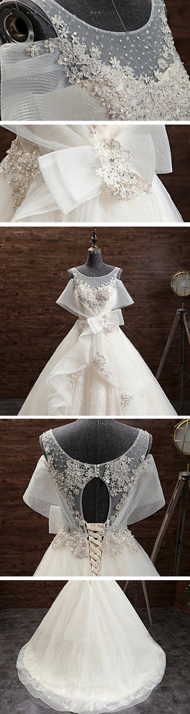 Gorgeous Princess Lace Appliques Beading Yarn Back Unique Sleeve Pretty Bow Ruffles Ball Gown Wedding Dress,DB089