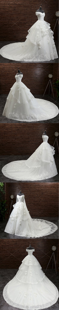 Gorgeous Princess Lace Appliques Beading Off Shoulder Ruffles Ball Gown Detachable Watteau Train Wedding Dress,DB090