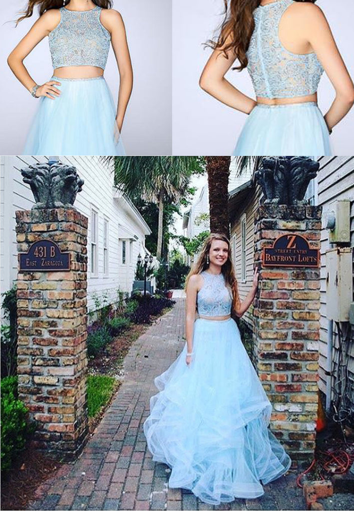 Fashion Two Pieces Blue Lace Round Neck Sleeveless Ruffles A-line For Teens Prom Gown Dresses. DB1031