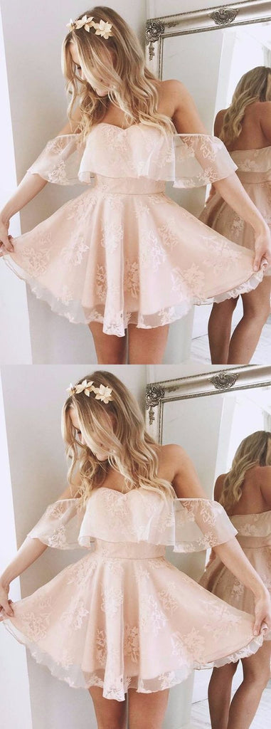 Lovely Cute Light Pink A-line Chiffon Off-shoulder Sweetheart Lace Open Back  Mini  Homecoming Dress,BD0111