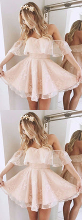 Lovely Cute Light Pink A-line Chiffon Off-shoulder Sweetheart Lace Open Back  Mini  Homecoming Dress,BD0111