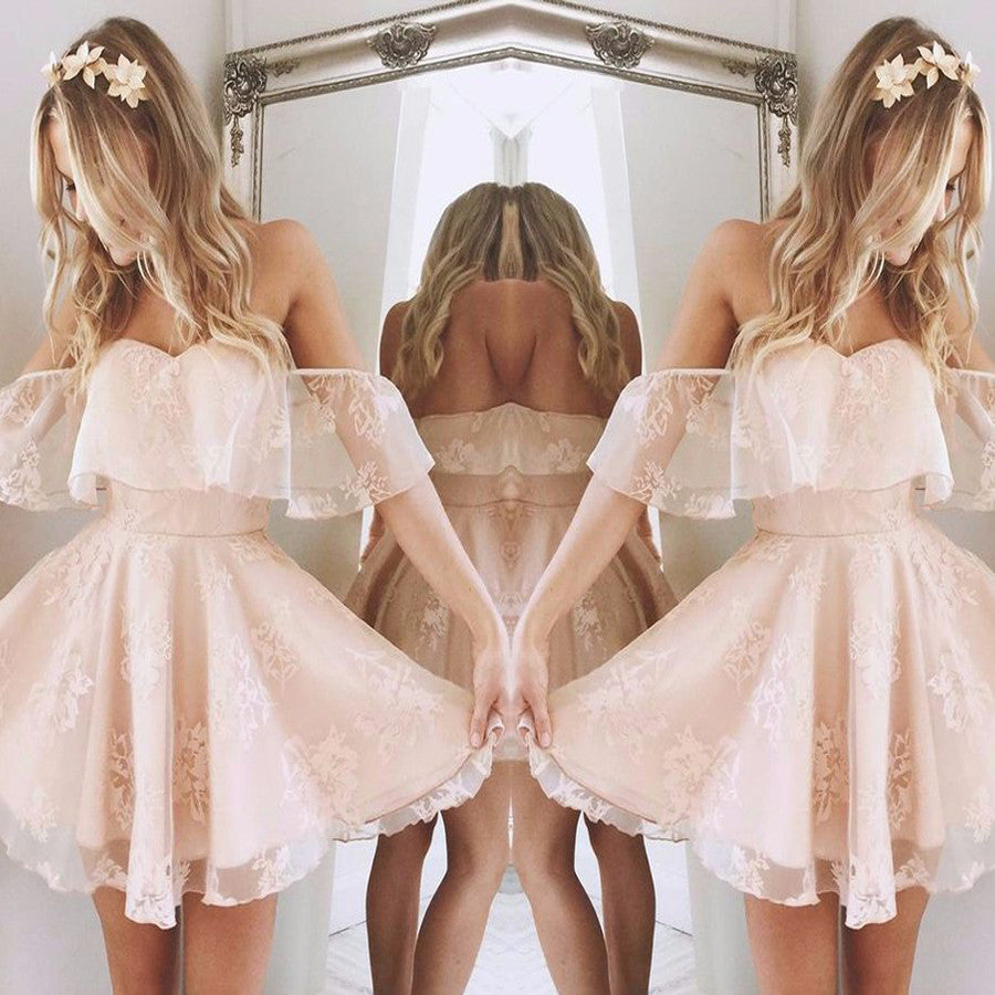 Lovely Cute Light Pink A-line Chiffon Off-shoulder Sweetheart Lace Open Back  Mini  Homecoming Dress,BD0111