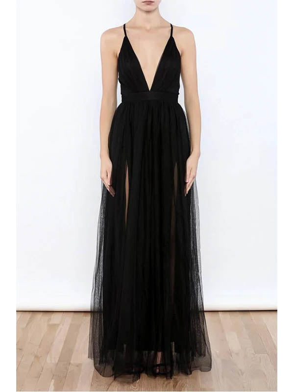 Sexy Black V-neck Side Slit Tulle Evening Gowns Prom Dresses, OL691