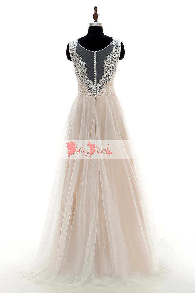 Simple Cheap Light Nude Lace Top A-line Wedding Dresses,DB0130
