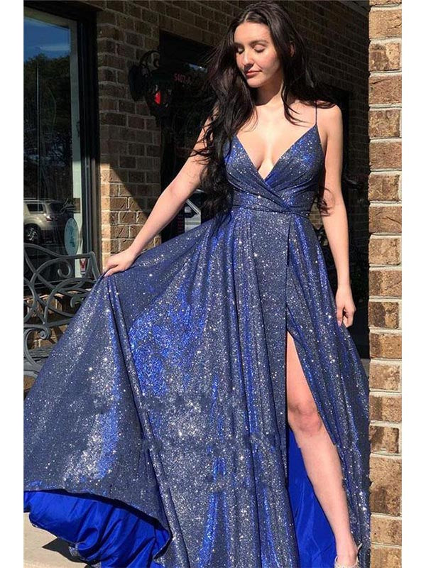 Sparkly Spaghetti Straps Deep V-neck A-line Blue Prom Dress, OL635