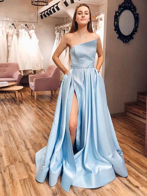 Strapless Satin Light Blue Slit A-line Simple Prom Dresses With Pocktets, OL647