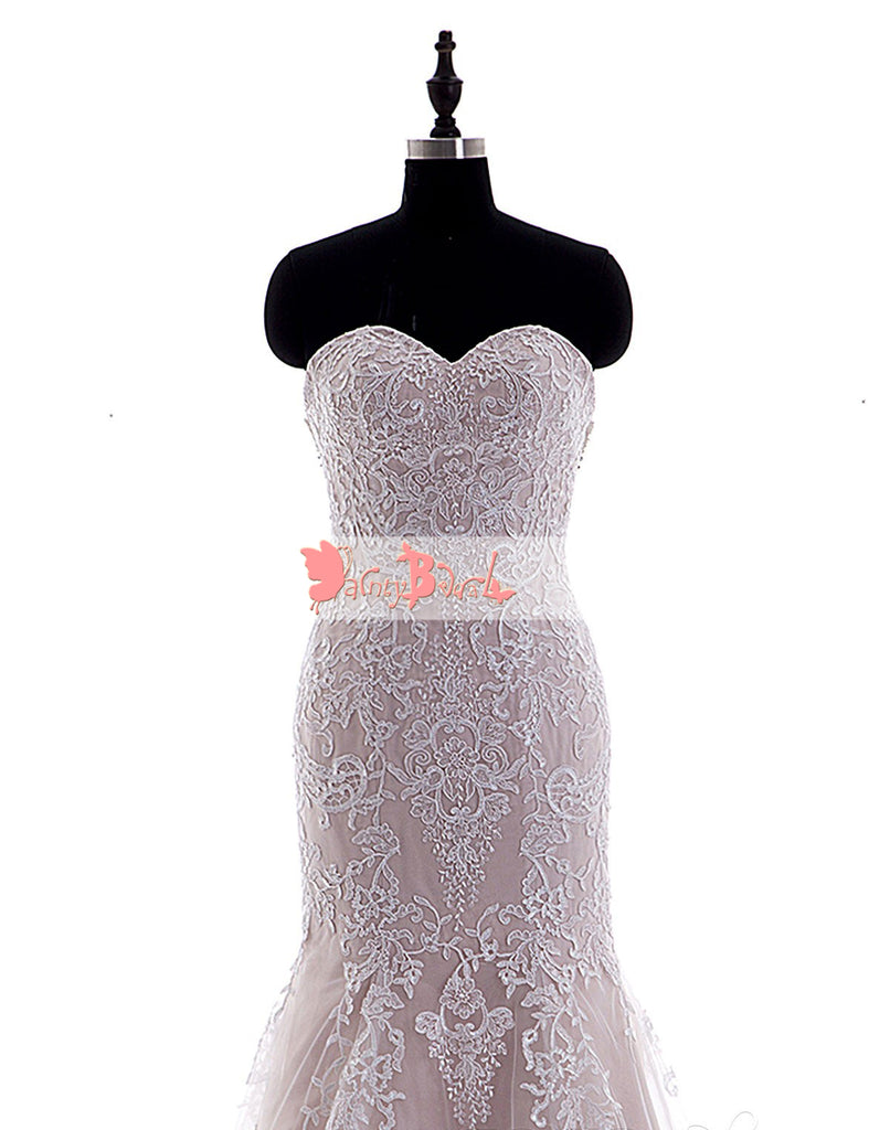 Sweetheart Strapless Nude Lining Ivory Lace Mermaid Wedding Dresses,DB0128
