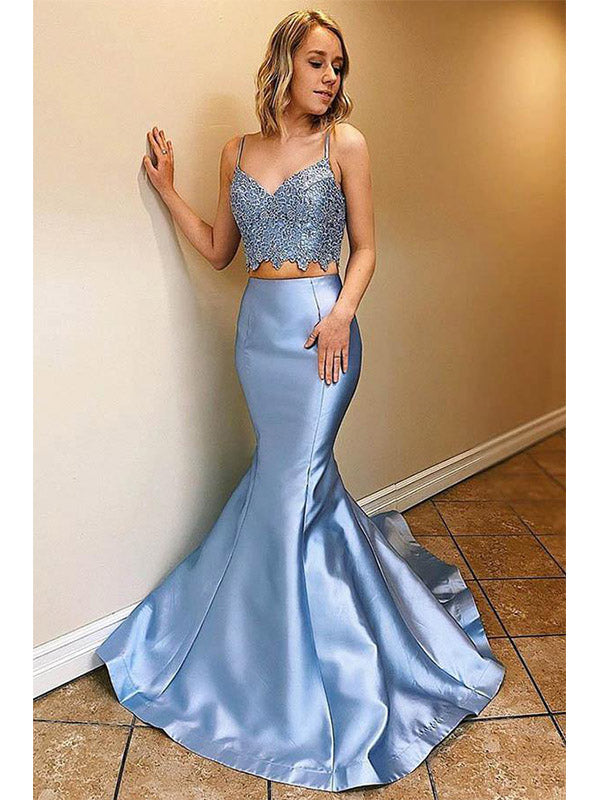 Two Pieces Blue Lace Mermaid Prom Dresses Satin Evening Dresses, OL696