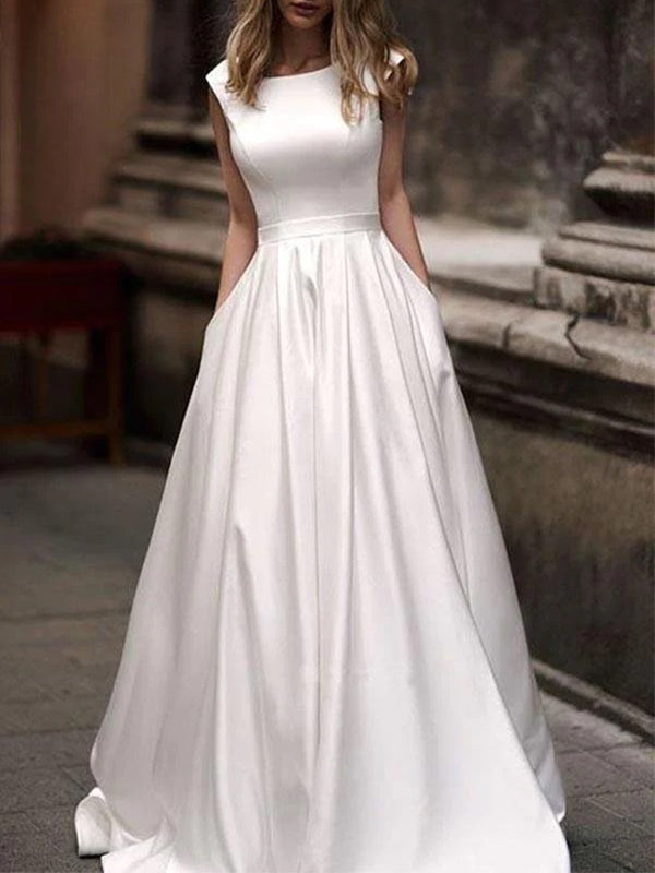 A-line Ivory Satin Long Wedding Dress with Pockets, WD0451
