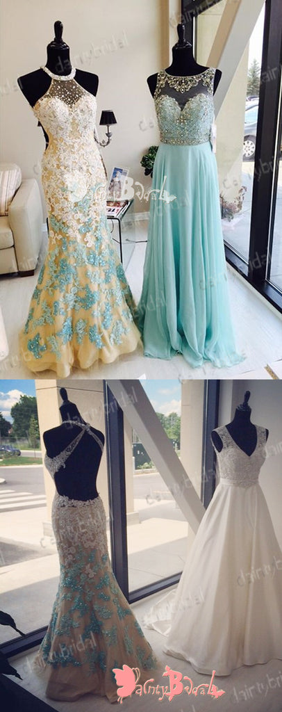 Elegant White And Blue Lace Gorgeous Beading Halter Criss-Cross Back Mermaid Long Prom Gown Dresses. DB1036