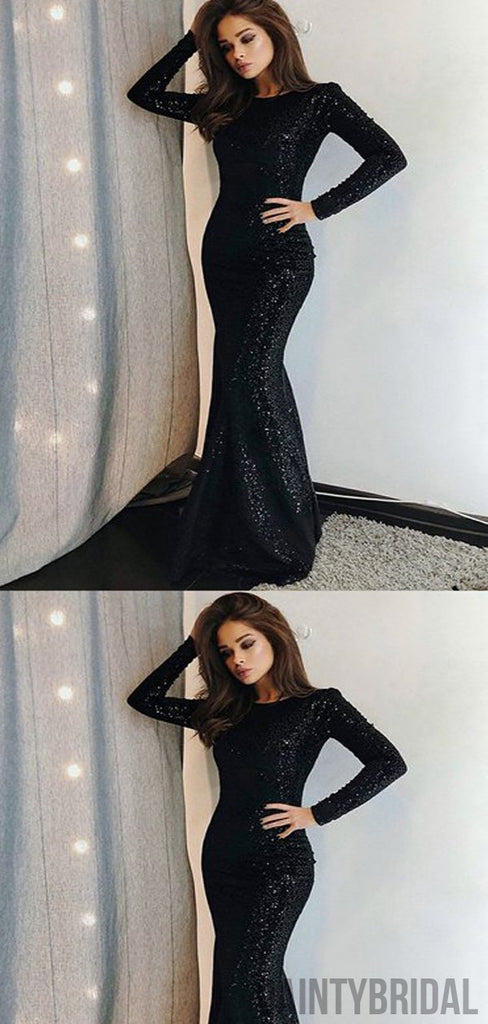 Charming Mermaid Bateau Neck Black Sequin Long Prom Dresses With Long Sleeves.DB10058