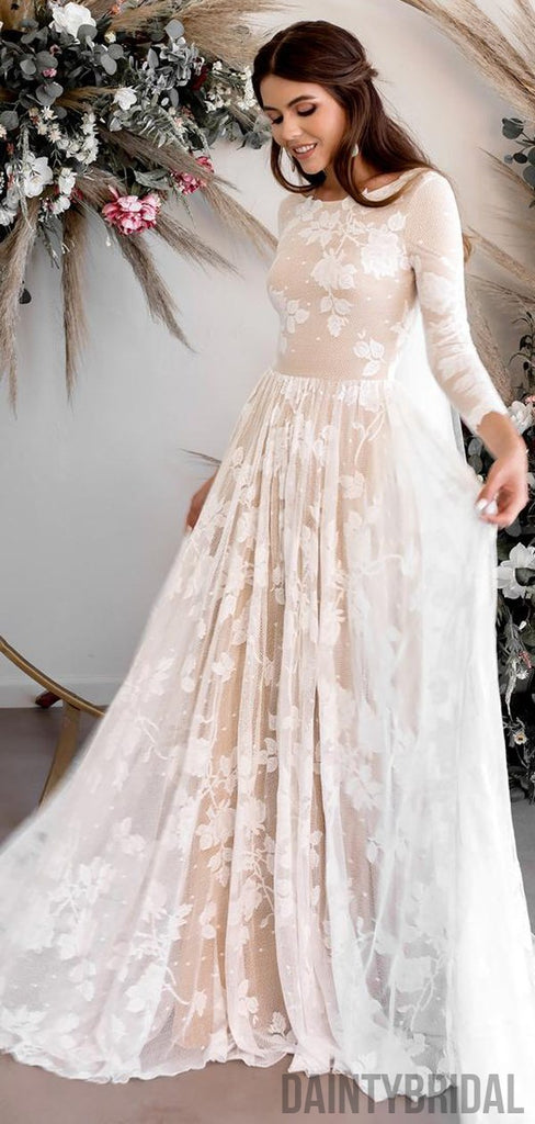 Elegant Batau Neck Long Sleeves Open Back With Train Long Wedding Dresses.DB10055