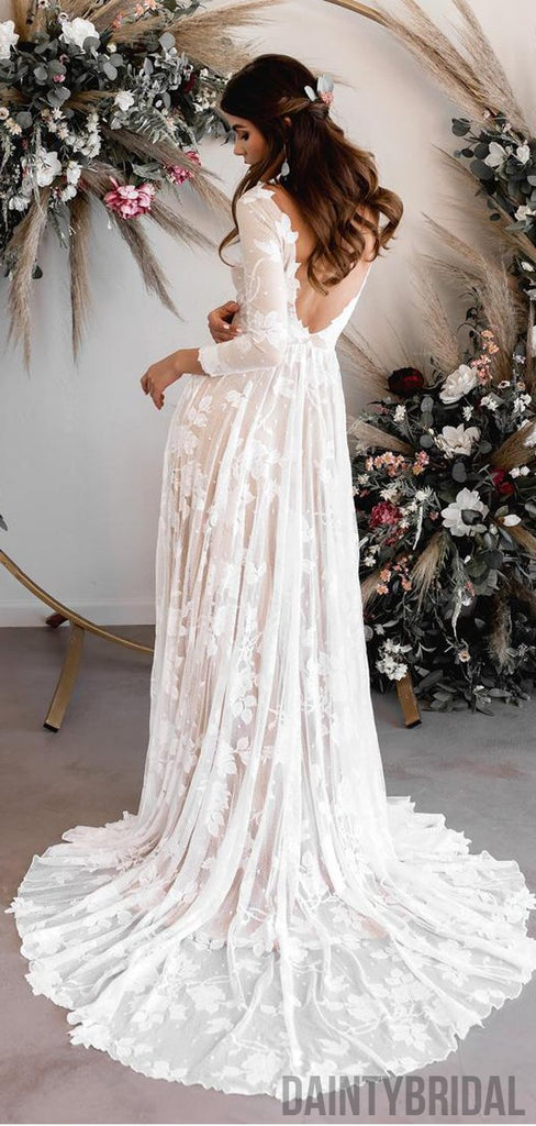 Elegant Batau Neck Long Sleeves Open Back With Train Long Wedding Dresses.DB10055