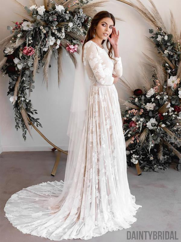 Elegant Batau Neck Long Sleeves Open Back With Train Long Wedding Dres DaintyBridal Elegant Batau Neck Long Sleeves Open Back With Train Long Wedding Dres DaintyBridal