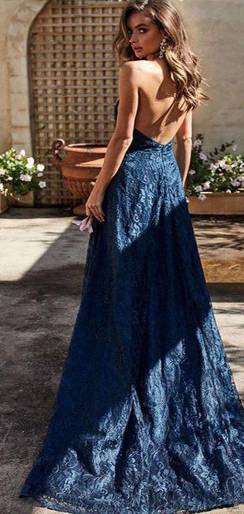 Elegant A-Line Deep V-Neck  Sleeveless Side Slit Lace Long Prom Dresses.DB10056