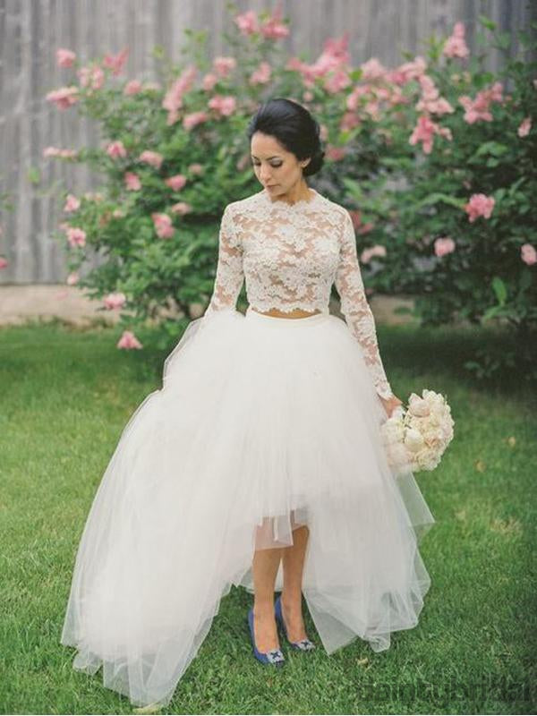 Pretty Bateau Long Sleeves Wedding Dresses,Two-Piece Lace Tulle High-Low Wedding Dressed.DB10071