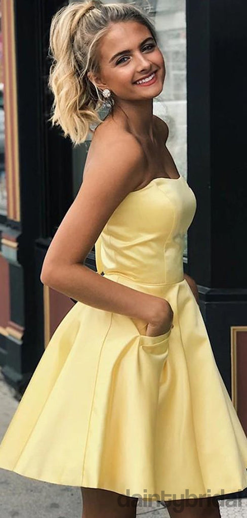 Sexy A-line Straight Strapless Short Homecoming Dress with Pockets.BD10065