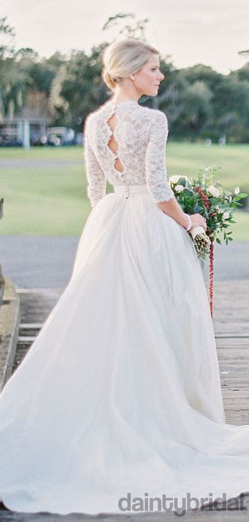 Elegant V-Neck 3/4 Sleeves A-Line Wedding Dresses With Train.DB10069