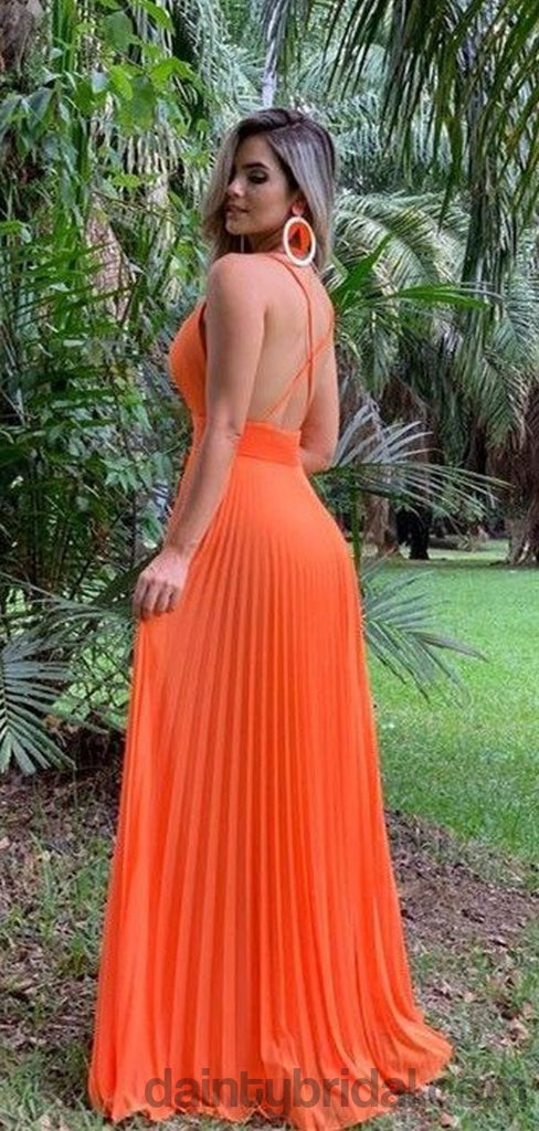 Sexy Deep V-Neck Chiffon A-Line Orange Long Prom Dress.DB10046
